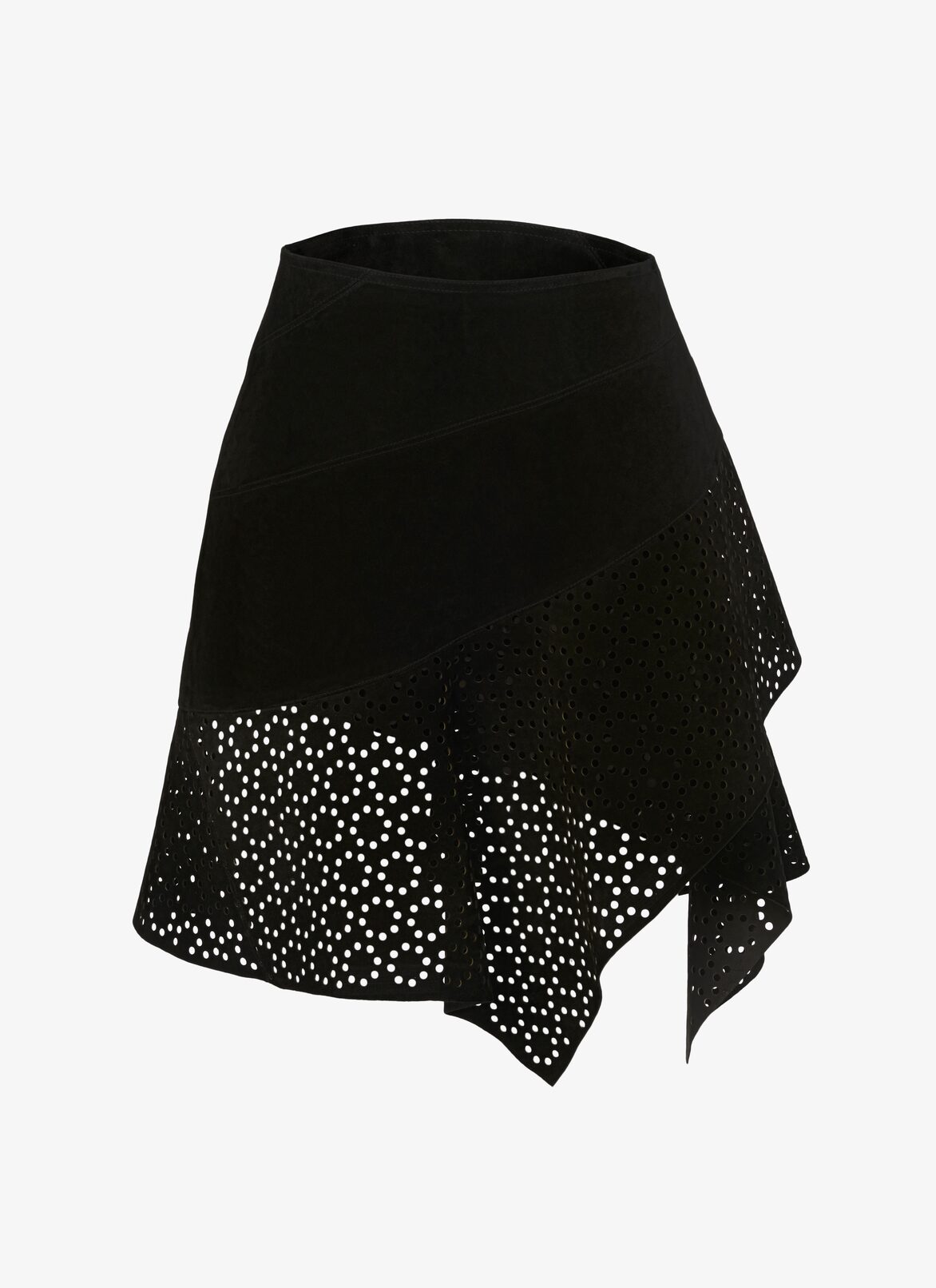 Asymmetrical openwork suede calfskin skirt ALAÏA BLACK ASYMMETRICAL OPENWORK SUEDE CALFSKIN SKIRT